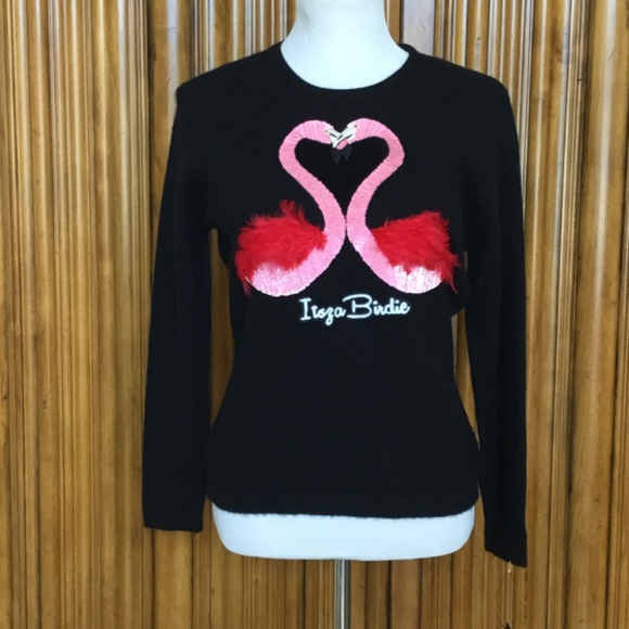 NEW ItzsaBirdie Cashmere Pink Love Flamingo Sweater In Black - Picture 8 of 13